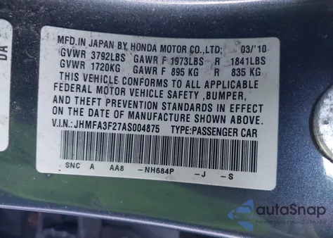 2010 Honda Civic Hybrid из США, поврежденный, VIN JHMFA3F27AS004875